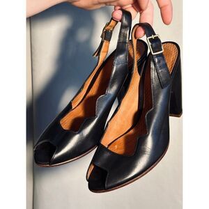 Chie Mihara heels 35 peep toe black scalloped leather pumps heel strap scallop
